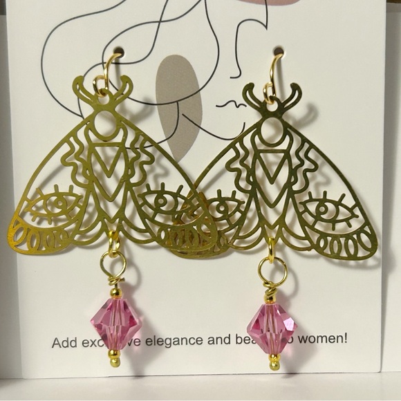 Boho Moth Earrings with Pink Swarovski Crystals - Picture 5 of 8